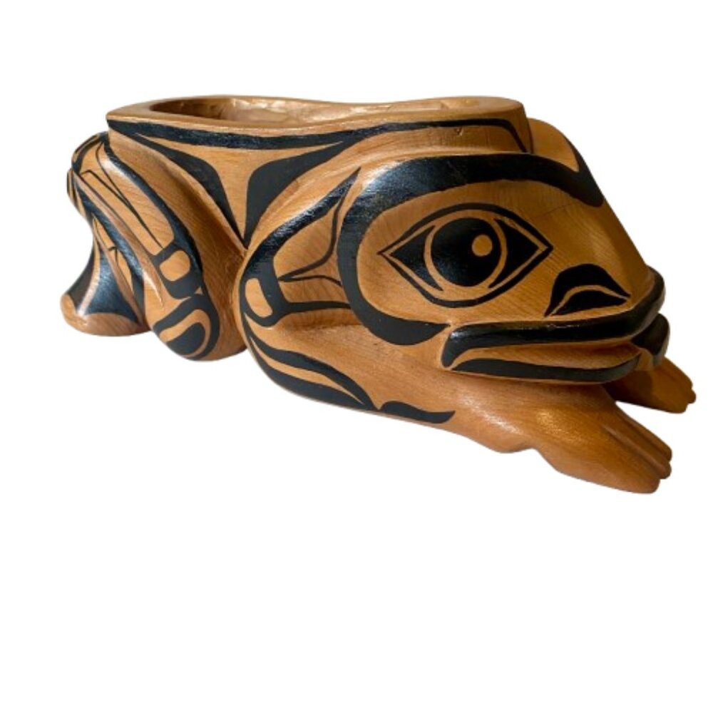 Northwest Coast Indigenous Art Bowl Frog Wood Carving Hand Painted